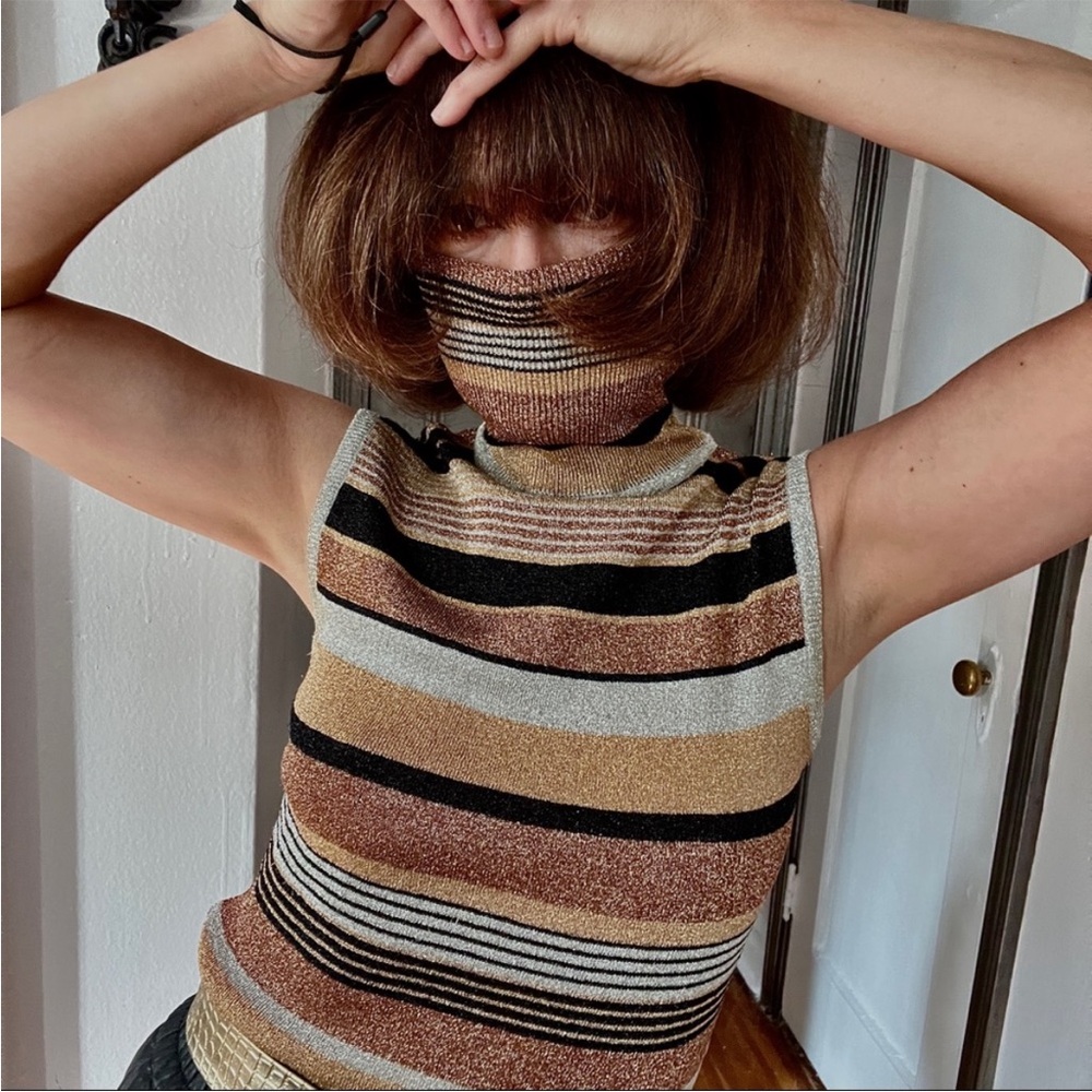Ways multicoloured metallic striped sleeveless turtleneck top Size M